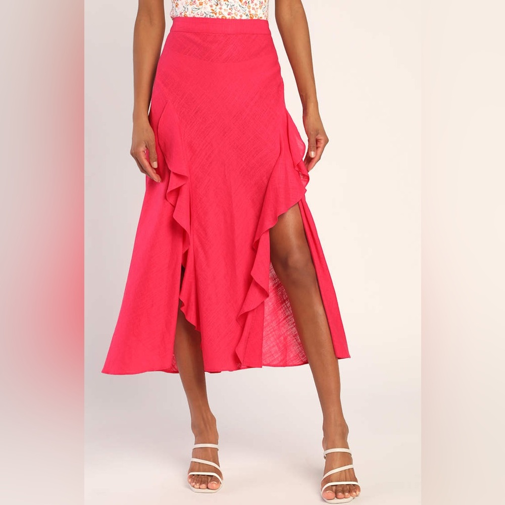 Lulus Pink Ruffle Midi Skirt Double Slit Large L Linen - Picture 2 of 8